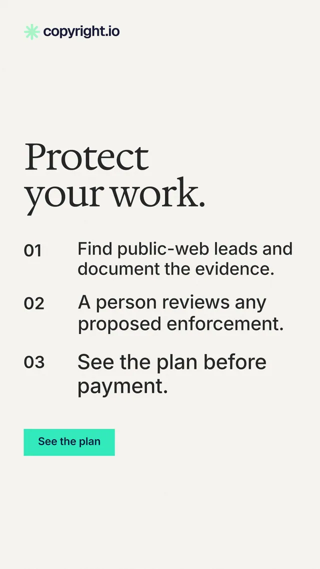 Instagram story for copyright.io: "Protect your work." Swiss style, numbered layout, light palette in white, grey.