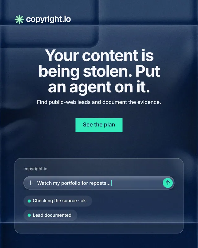 Instagram portrait post for copyright.io: "Your content is being stolen. Put an agent on it." Swiss style, centred layout, dark palette in blue, grey.