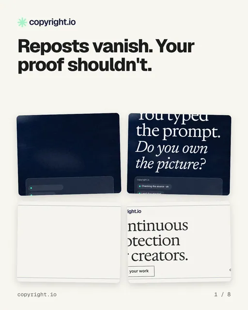 Carousel for copyright.io: "Reposts vanish. Your proof shouldn't.". Collection carousel, 8 slides, light palette.