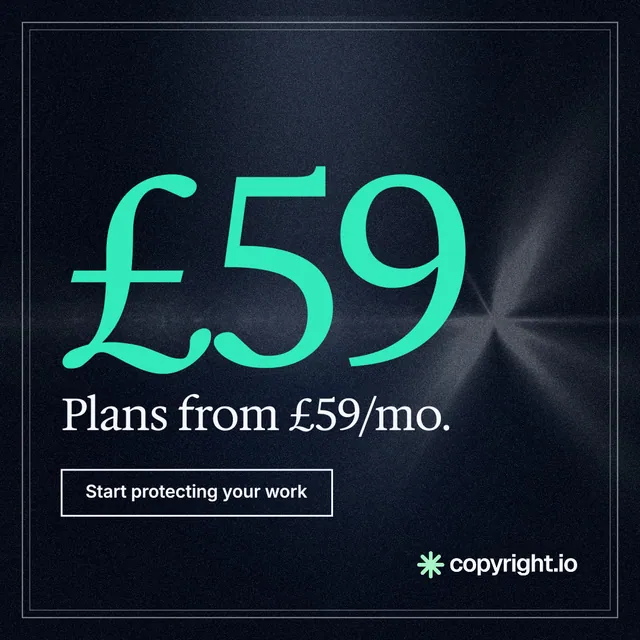 Instagram post for copyright.io: "Continuous protection for creator content." Dark deco style, stat layout, dark palette in blue, black, teal.