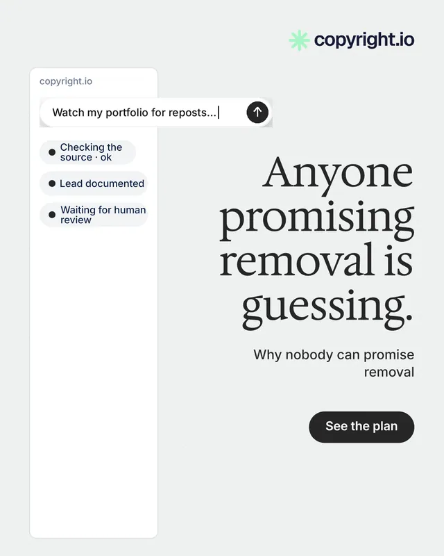 Instagram portrait post for copyright.io: "Anyone promising removal is guessing." Data card style, right layout, light palette in white.