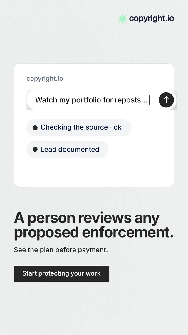 Instagram story for copyright.io: "A person reviews any proposed enforcement." Swiss style, bottom layout, light palette in white, grey.