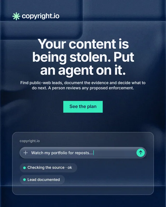 Instagram portrait post for copyright.io: "Your content is being stolen. Put an agent on it." Swiss style, centred layout, dark palette in blue, grey.