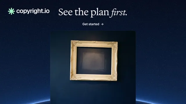 Landscape graphic for copyright.io: "See the plan first." Agentic glass style, ogui layout, dark palette in black, blue, grey.