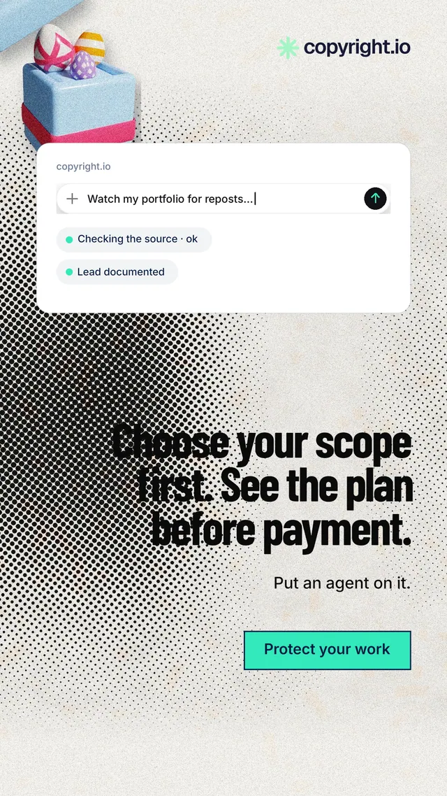 Instagram story for copyright.io: "Choose your scope first. See the plan before payment." Ink sticker style, right layout, light palette in white, grey.