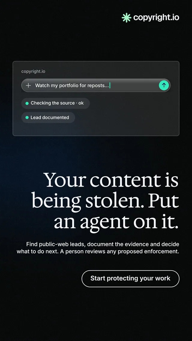 Instagram story for copyright.io: "Your content is being stolen. Put an agent on it." Phosphor atlas style, right layout, dark palette in black, grey.