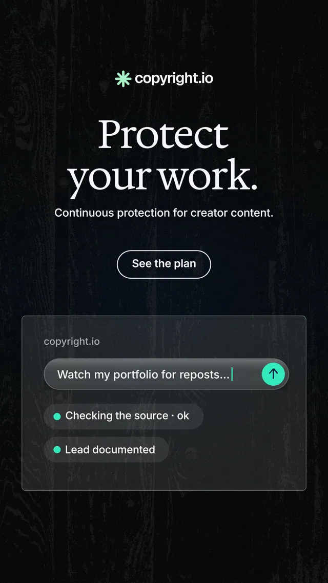 Instagram story for copyright.io: "Protect your work." Phosphor atlas style, centred layout, dark palette in black, grey.