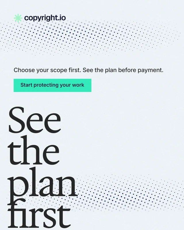 Instagram portrait post for copyright.io: "See the plan first." Swiss style, oversized layout, light palette in white, grey.