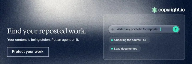 X header for copyright.io: "Find your reposted work." Cyanotype style, bottom layout, dark palette in grey, blue.