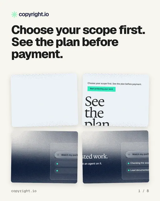 Carousel for copyright.io: "Choose your scope first. See the plan before payment.". Collection carousel, 8 slides, light palette.