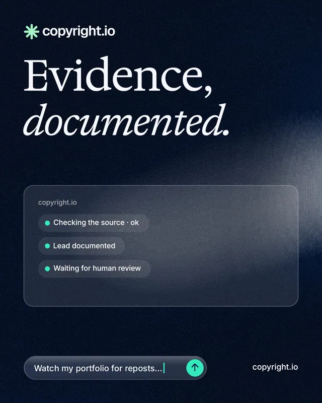 Instagram portrait post for copyright.io: "Evidence, documented." Thermal style, poster layout, dark palette in black, grey, blue.
