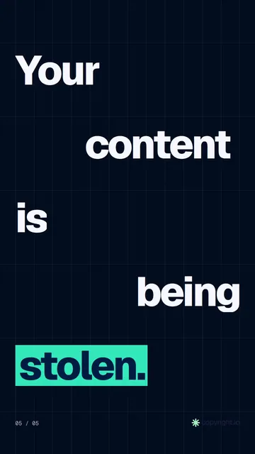 Video for copyright.io: "Your content is being stolen.". Kinetic type grid, 6.0 s, dark palette.