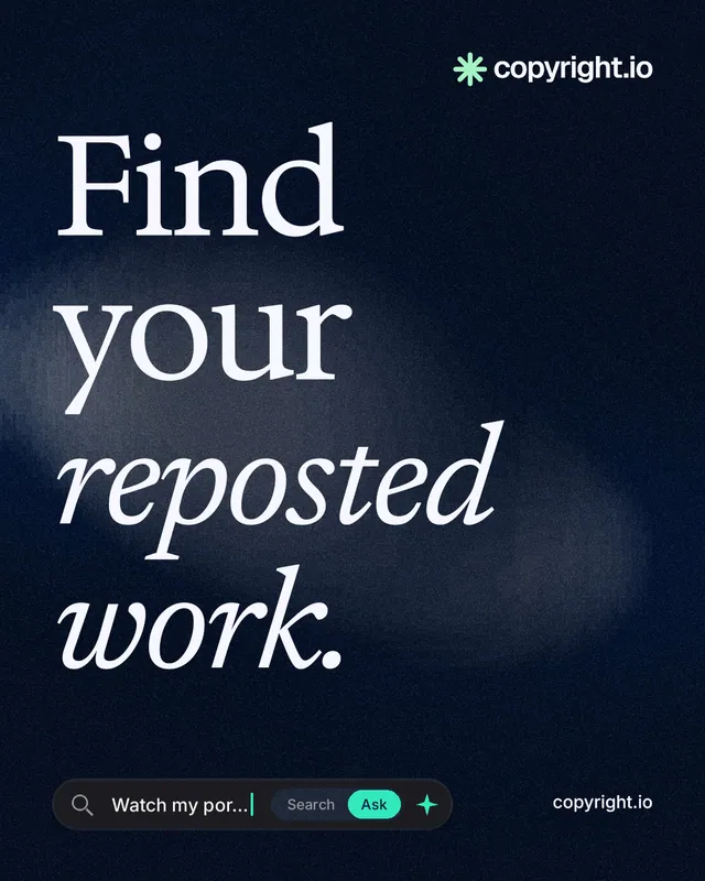 Instagram portrait post for copyright.io: "Find your reposted work." Thermal style, poster layout, dark palette in black, grey.