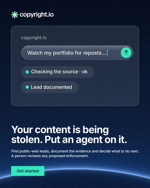 Instagram portrait post for copyright.io: "Your content is being stolen. Put an agent on it." Swiss style, bottom layout, dark palette in blue, black.