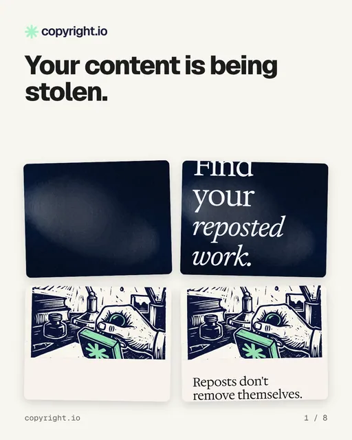 Carousel for copyright.io: "Your content is being stolen.". Collection carousel, 8 slides, light palette.