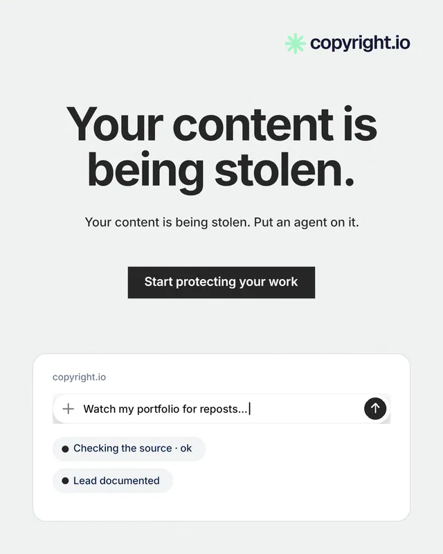 Instagram portrait post for copyright.io: "Your content is being stolen." Swiss style, centred layout, light palette in white, grey.