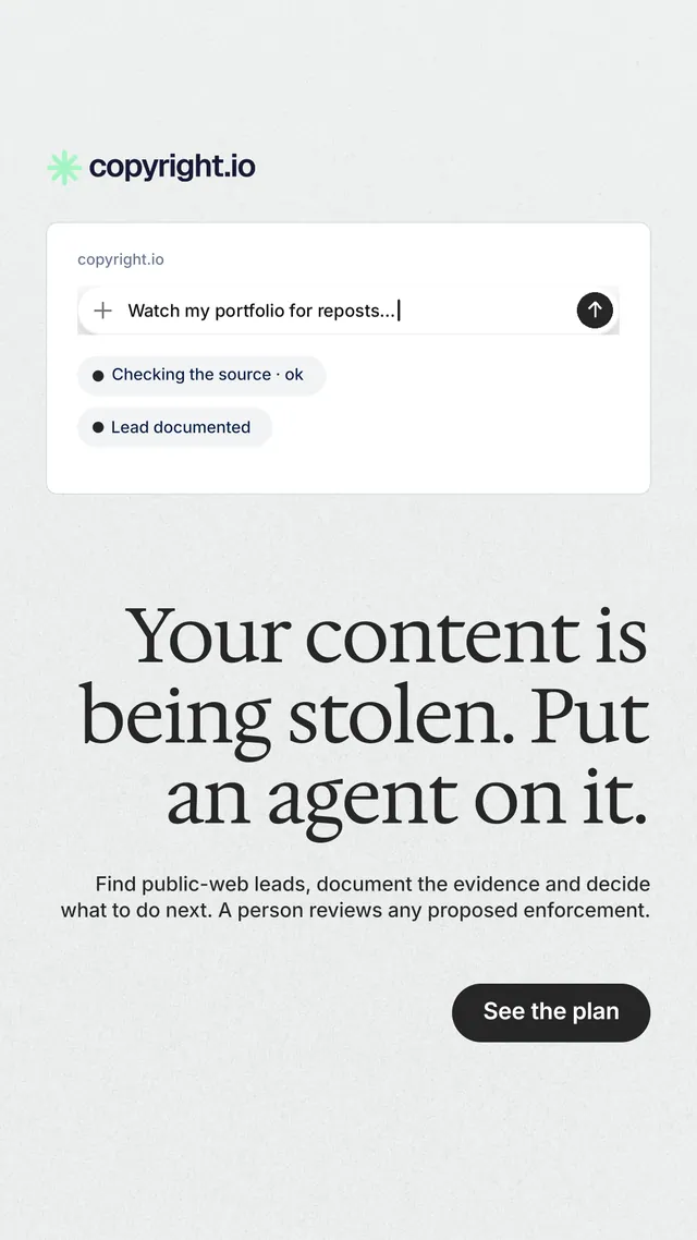 Instagram story for copyright.io: "Your content is being stolen. Put an agent on it." Data card style, right layout, light palette in white, grey.