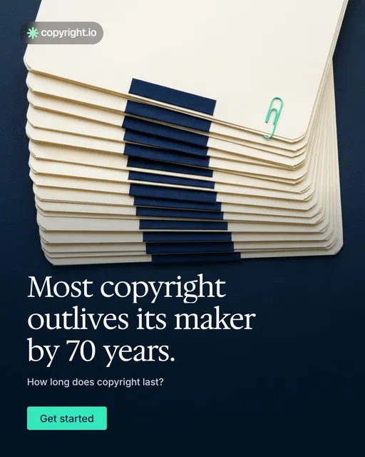 Video for copyright.io: "Most copyright outlives its maker by 70 years.". Doc motion loop, 8.0 s, dark palette.