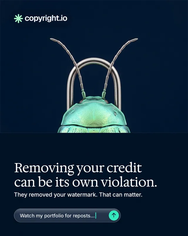 Instagram portrait post for copyright.io: "Removing your credit can be its own violation." Agentic glass style, bottom layout, dark palette in black, blue.