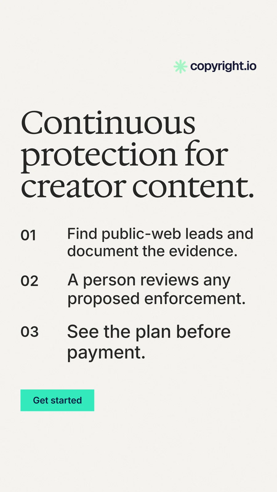 Instagram story for copyright.io: "Continuous protection for creator content." Swiss style, numbered layout, light palette in white, grey.