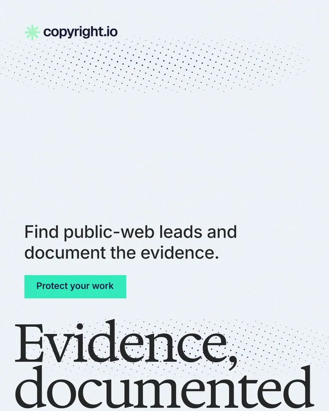 Instagram portrait post for copyright.io: "Evidence, documented." Swiss style, oversized layout, light palette in white.