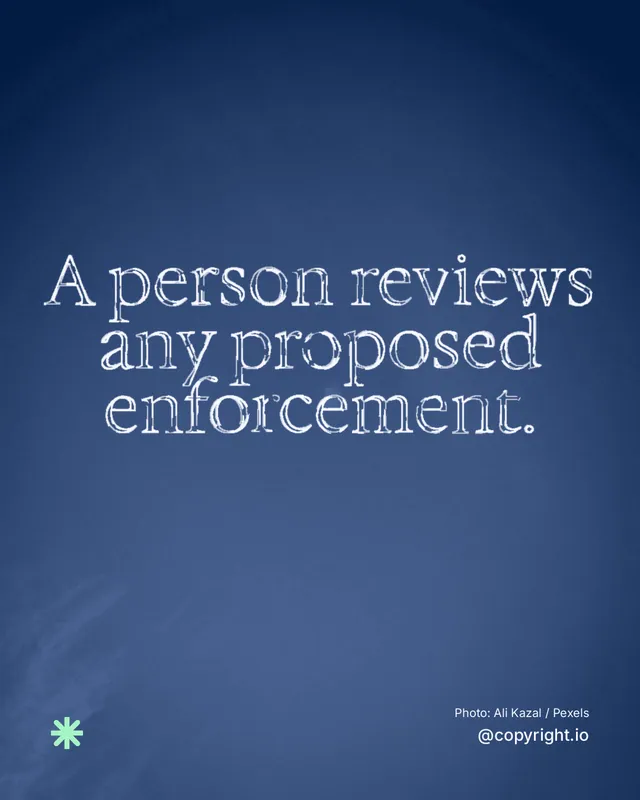 Instagram portrait post for copyright.io: "A person reviews any proposed enforcement." Scribble style, technique:raster type fx layout, dark palette in blue.