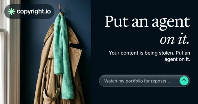 Social ad for copyright.io: "Put an agent on it." Agentic glass style, right layout, dark palette in black, grey.