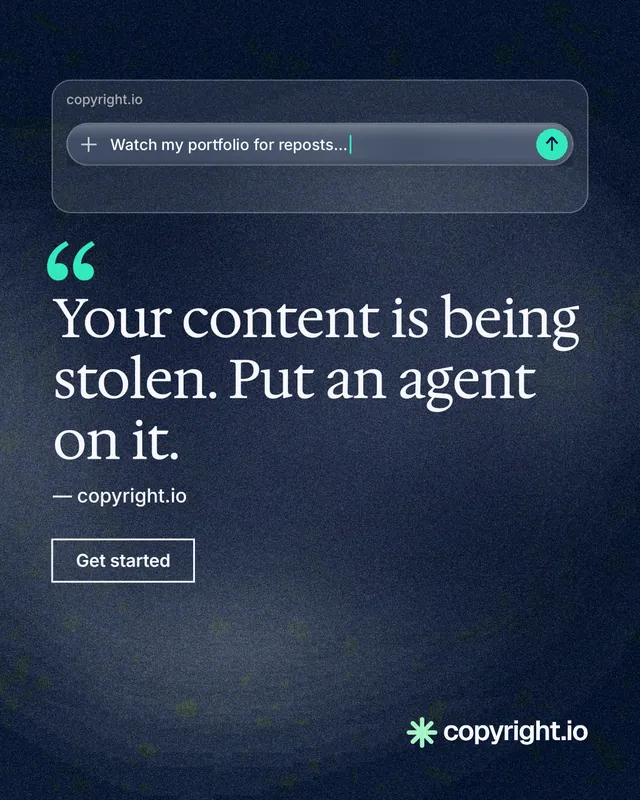Instagram portrait post for copyright.io: "Your content is being stolen. Put an agent on it." Cyanotype style, quote layout, dark palette in blue, black, grey.