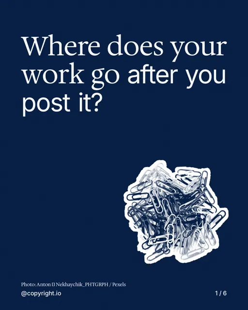 Carousel for copyright.io: "Where does your work go after you post it?". Cutout essay, 6 slides, dark palette.