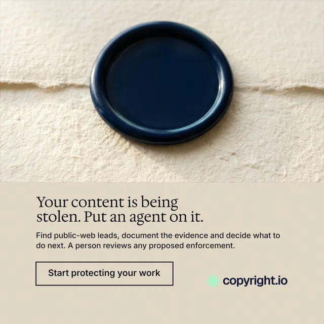 Instagram post for copyright.io: "Your content is being stolen. Put an agent on it." Editorial style, bottom layout, light palette in orange, yellow, grey.