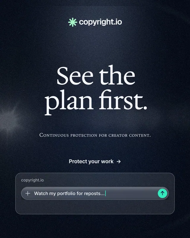 Instagram portrait post for copyright.io: "See the plan first." Dark deco style, smallcaps layout, dark palette in black, blue, grey.