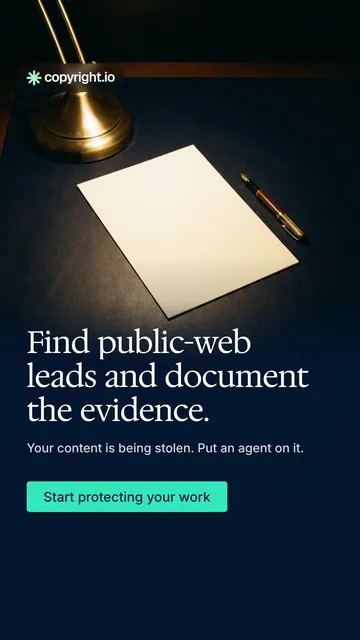 Video for copyright.io: "Find public-web leads and document the evidence.". Doc motion loop, 7.0 s, dark palette.