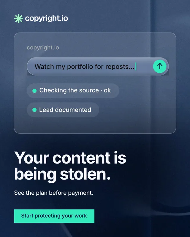 Instagram portrait post for copyright.io: "Your content is being stolen." Swiss style, bottom layout, dark palette in black, blue, teal.