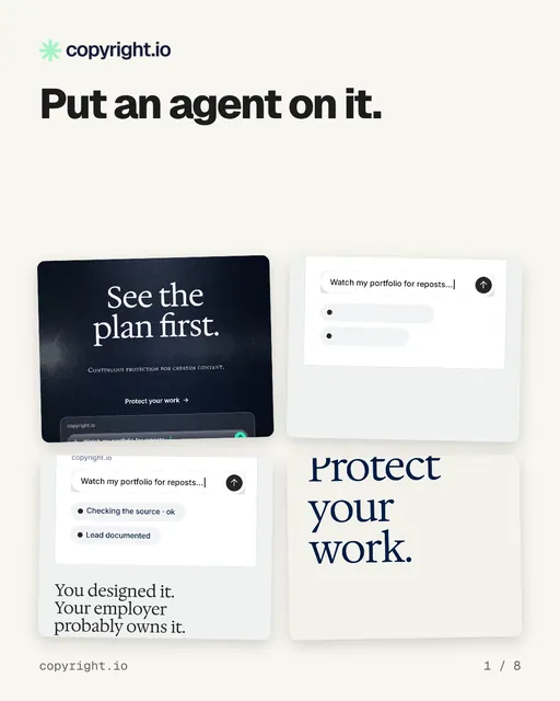 Carousel for copyright.io: "Put an agent on it.". Collection carousel, 8 slides, light palette.