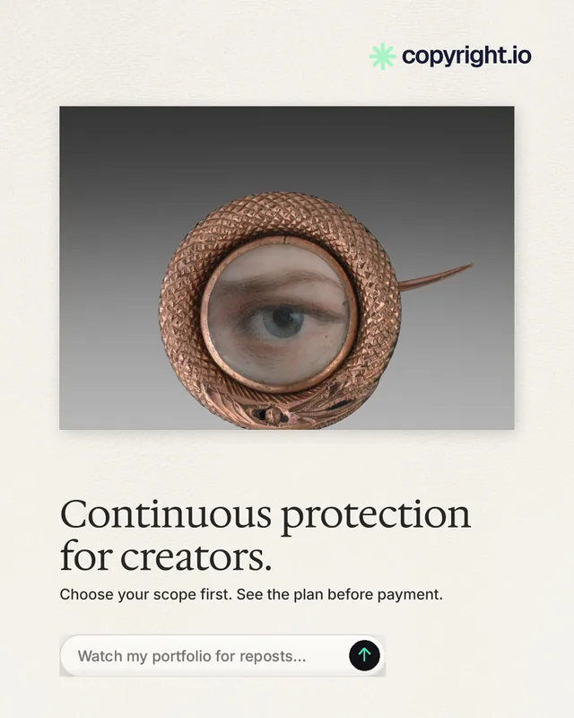 Instagram portrait post for copyright.io: "Continuous protection for creators." Agentic glass style, bottom layout, light palette in grey, white.