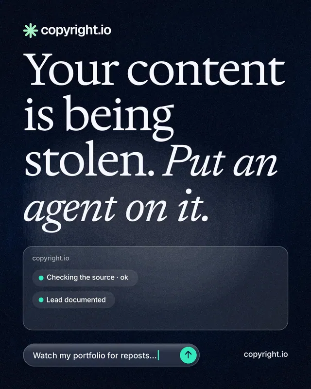 Instagram portrait post for copyright.io: "Your content is being stolen. Put an agent on it." Thermal style, poster layout, dark palette in blue, black, grey.