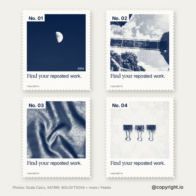 Instagram post for copyright.io: "Find your reposted work." Sheet style, technique:stamp series layout, light palette in white, blue.