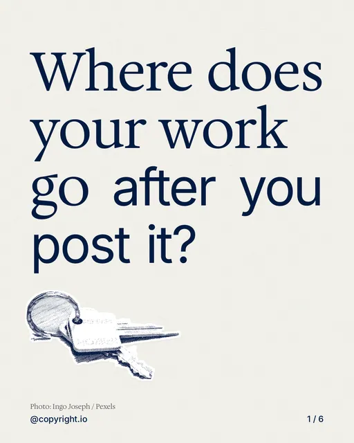 Carousel for copyright.io: "Where does your work go after you post it?". Cutout essay, 6 slides, light palette.