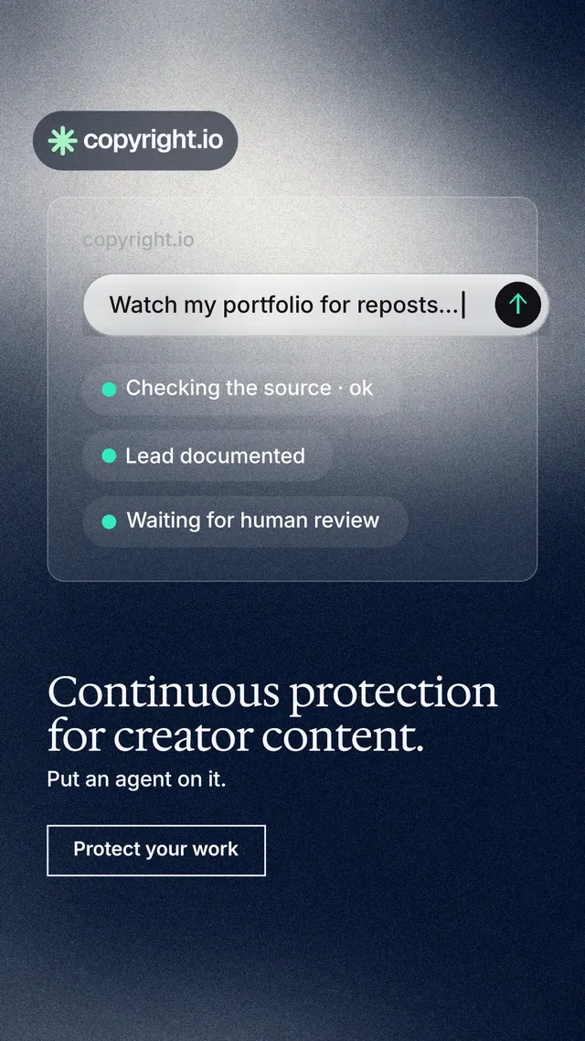 Instagram story for copyright.io: "Continuous protection for creator content." Cyanotype style, bottom layout, dark palette in black, blue, grey.