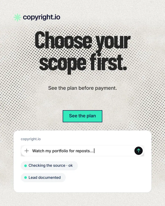 Instagram portrait post for copyright.io: "Choose your scope first." Ink sticker style, centred layout, light palette in white, grey.