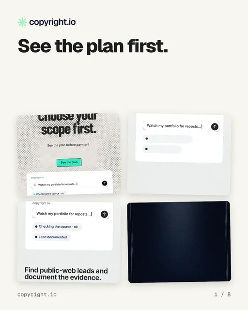 Carousel for copyright.io: "See the plan first.". Collection carousel, 8 slides, light palette.