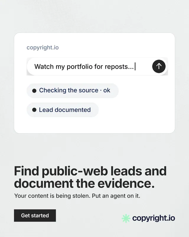 Instagram portrait post for copyright.io: "Find public-web leads and document the evidence." Swiss style, bottom layout, light palette in white, grey.