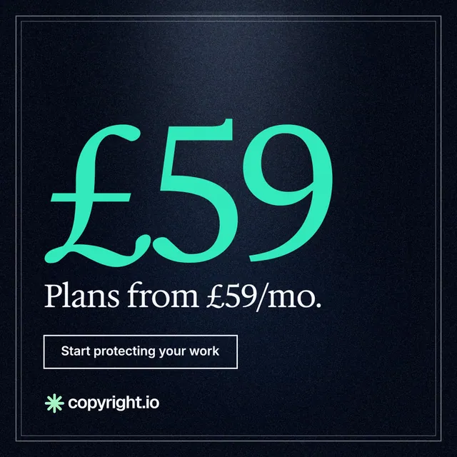 Instagram post for copyright.io: "Choose your scope first. See the plan before payment." Dark deco style, stat layout, dark palette in black, teal.