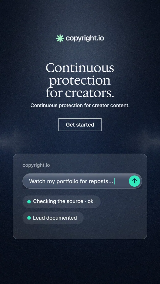Instagram story for copyright.io: "Continuous protection for creators." Dark deco style, centred layout, dark palette in blue, black, grey.