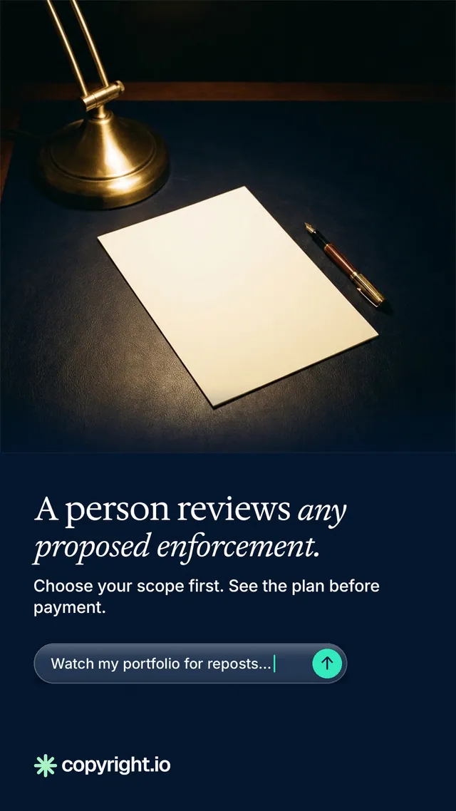 Instagram story for copyright.io: "A person reviews any proposed enforcement." Agentic glass style, bottom layout, dark palette in black, grey.