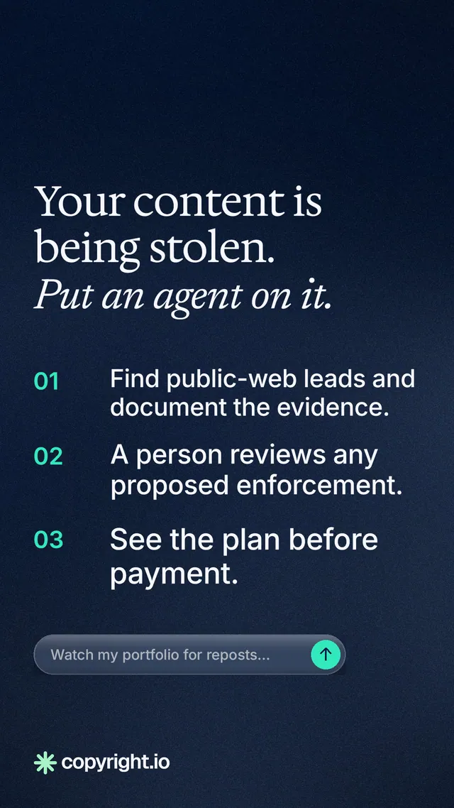 Instagram story for copyright.io: "Your content is being stolen. Put an agent on it." Agentic glass style, numbered layout, dark palette in blue, black, grey.