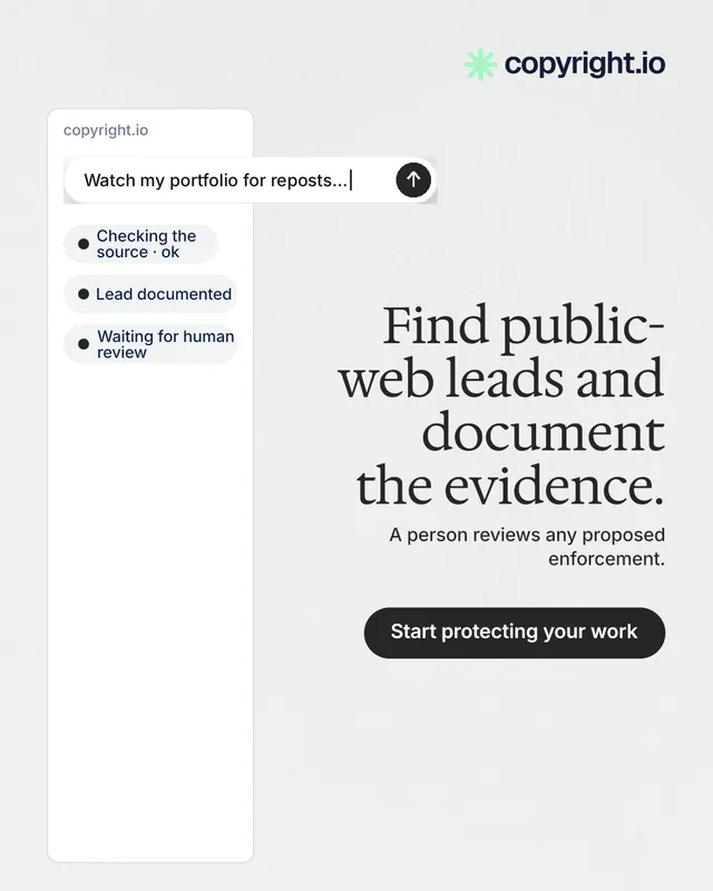 Instagram portrait post for copyright.io: "Find public-web leads and document the evidence." Data card style, right layout, light palette in white, grey.