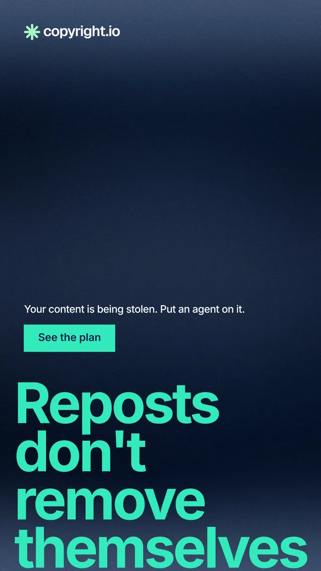 Instagram story for copyright.io: "Reposts don't remove themselves." Swiss style, oversized layout, dark palette in blue, teal, black.