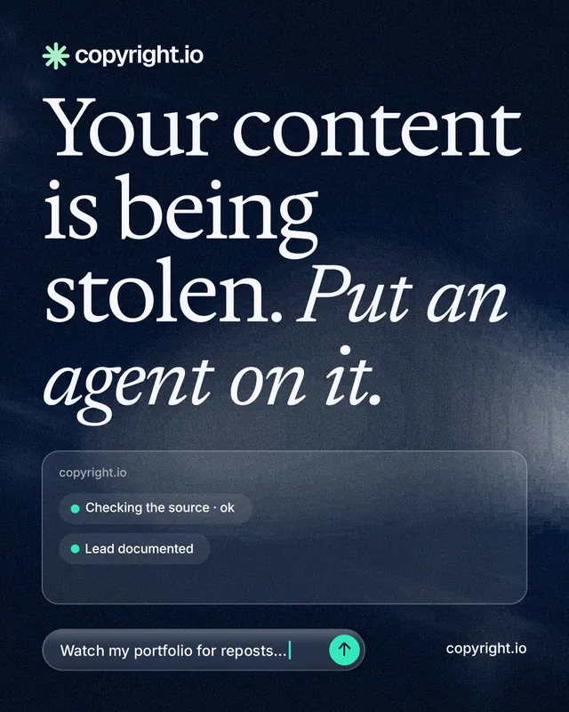 Instagram portrait post for copyright.io: "Your content is being stolen. Put an agent on it." Thermal style, poster layout, dark palette in blue, black, grey.