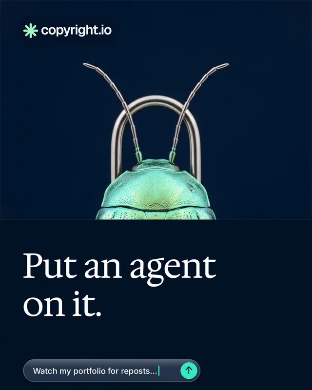 Instagram portrait post for copyright.io: "Put an agent on it." Agentic glass style, bottom layout, dark palette in black, blue.